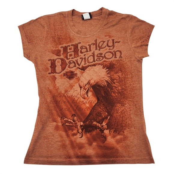 Harley-Davidson Tops - Harley-Davidson Womens Eagle Graphic T-Shirt Orange Acid Wash Tacoma WA‎ Large